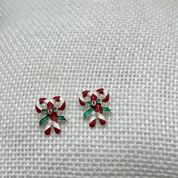 Candy Cane Christmas Earrings Delicate Dainty Red White and Green Bow - Picture 4 of 6